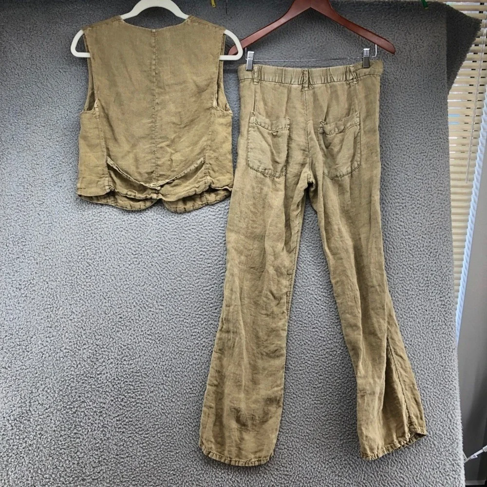 Zara Vest and Pants Set Womens S M Khaki Green Linen Blend Two Piece Co-ord